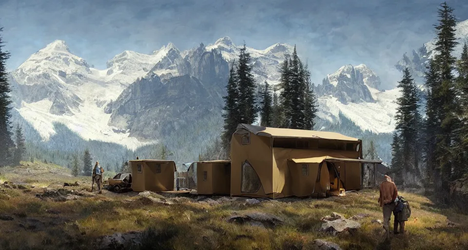 Image similar to cabela's beautiful comfortable modular insulated container home wall kit - house all weather family dwelling tent house, person in foreground, mountainous forested wilderness open fields, beautiful views, painterly concept art, environmental concept art, concept art illustration, by james gurney, by craig mullins, by greg rutkowski trending on artstation