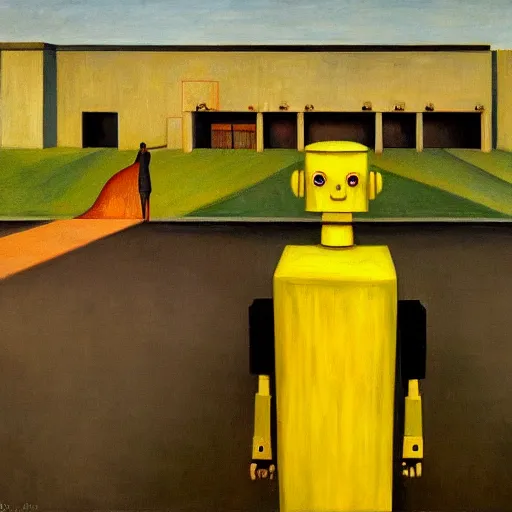 Image similar to robot bishop guards, human subjugation, brutalist supermax prison facility, end times, grant wood, pj crook, edward hopper, oil on canvas