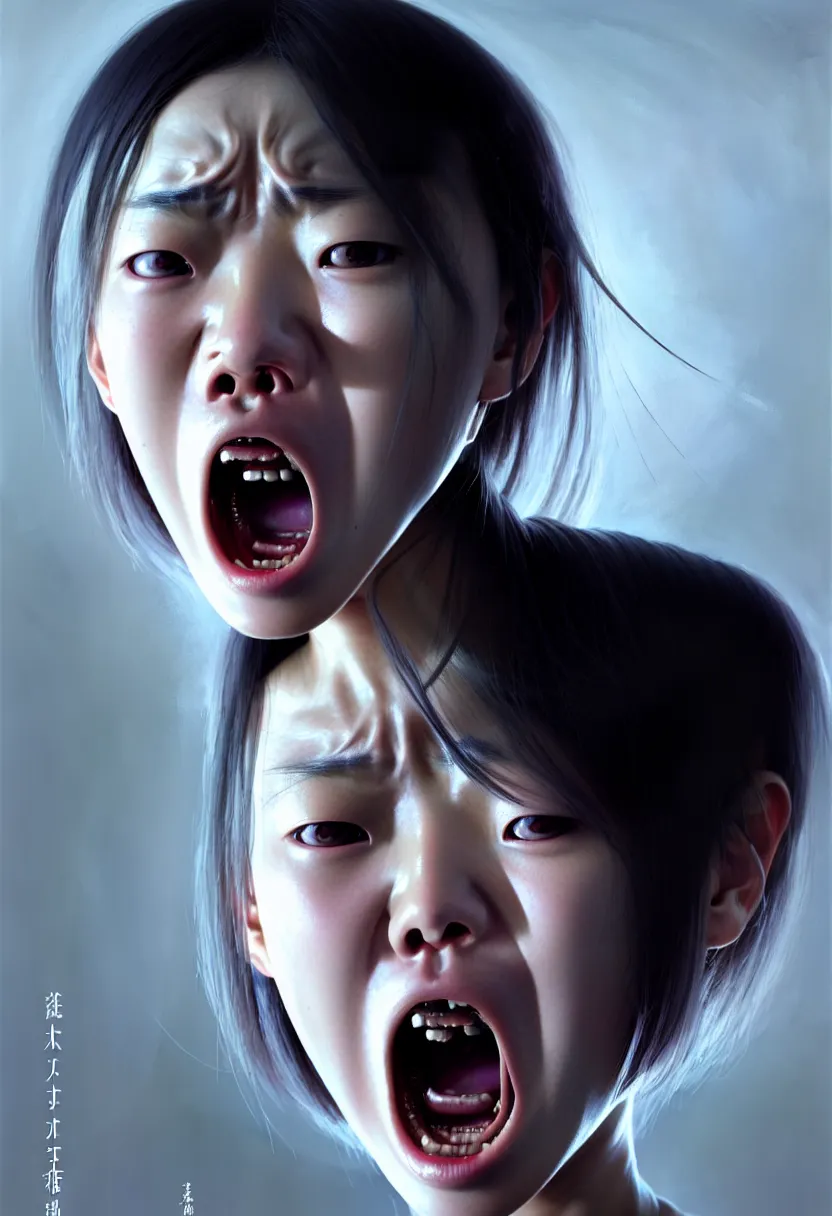 Image similar to beautiful render of a face, waist up portrait of a futuristic cute japanese teenage girl screaming in anger and frustration, intricate, elegant, highly detailed, digital painting, artstation, concept art, smooth, sharp focus, octane render, dramatic lighting, symmetry, symmetrical face, ONE FACE, headshot, art by greg rutkowski and wlop