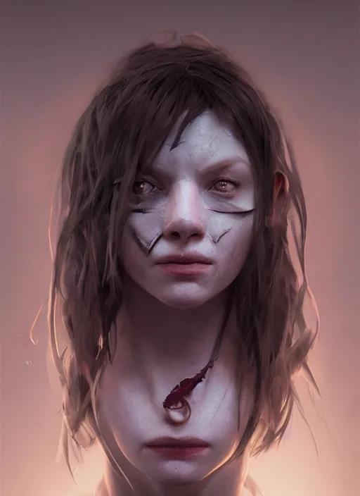 Image similar to portrait of sinister girl with thin evil lips, skeksis, battle worn, bandaged nose, expressive eyes, fullbody, translucent skin, procedural rendering, greg rutkowski, charlie bowater, yuumei, yanjun cheng, unreal 5, daz, hyperrealistic, octane render, rpg portrait, dynamic lighting, fantasy art, beautiful face