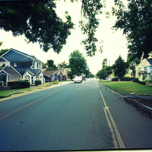 Image similar to a photograph of a suburban street during summer, 2 0 0 6, taken with a disposable camera