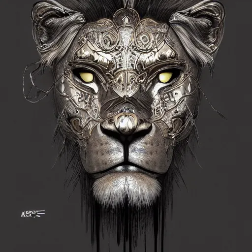 Prompt: Very very very very highly detailed epic photo of face with shocked lion venetian mask, intricate, dystopian, sci-fi, extremely detailed, digital painting, artstation, concept art, smooth, sharp focus, illustration, intimidating lighting, incredible art by Artgerm and Vincent di Fate