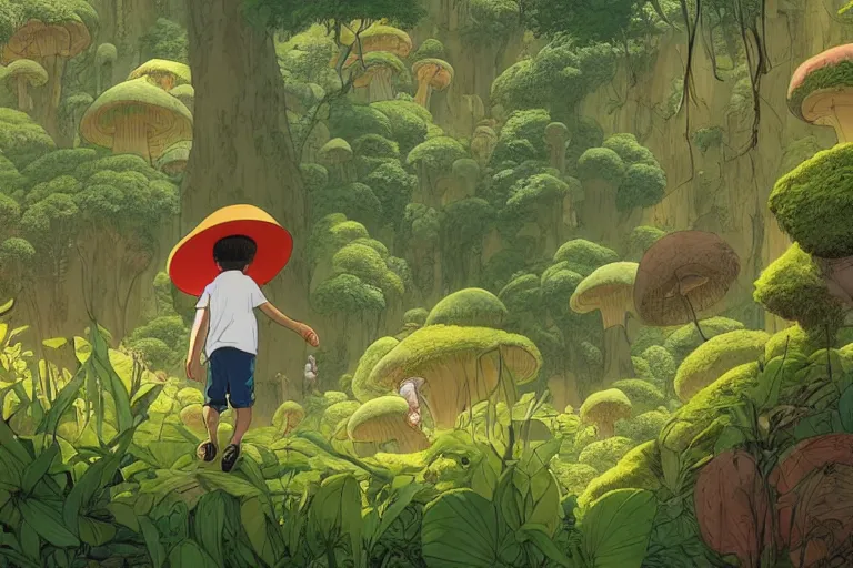 Image similar to insane perspective down view of a young adventurer boy with a hat on a large open path entering a vast fantasy jungle with a distant clearing, giant mushrooms, large white paradise birds flying, exotic vegetation, large rocks with thick moss, large jungle flowers, huge suspended wooden bridge, very graphic illustration by moebius and victo ngai, ghibli spirited away vibe, dynamic lighting, early morning mood