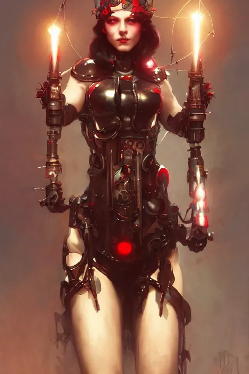 Prompt: Portrait of beautiful pale smiling cyborg maiden in bikini armor with crown of thorns and glowing red eyes, steampunc, Warhammer 40000, digital art from artstation by Ruan Jia and Mandy Jurgens and Artgerm and william-adolphe bouguereau