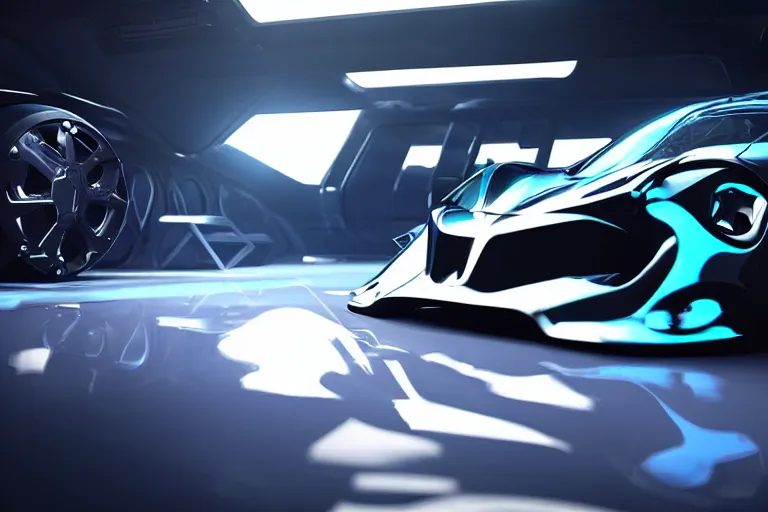 Image similar to cyberpunk alien concept inspired sports car, futuristic look, highly detailed body, very expensive, photorealistic camera shot, bright studio setting, studio lighting, crisp quality and light reflections, unreal engine 5 quality render