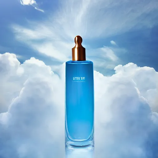 Prompt: airy bright perfume bottle floating on a cloud in the sky, covered in whispy clouds, with dreamy light blue sky and clouds in the background, softly - lit, soft - warm, zen, light, modern minimalist f 2 0 clean