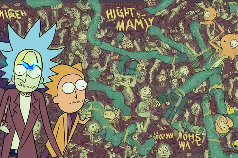 Image similar to hight detailed rick and morty wallpaper with hidden languages and symbolism