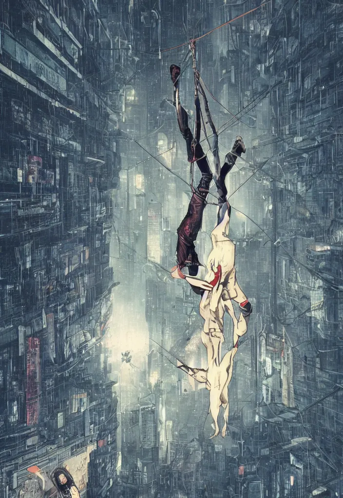 Image similar to the hanged man tarot card in a cyberpunk style