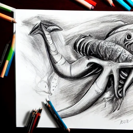 Image similar to deep sea creature with a real human leg, ultra realistic, drawing, highly detailed