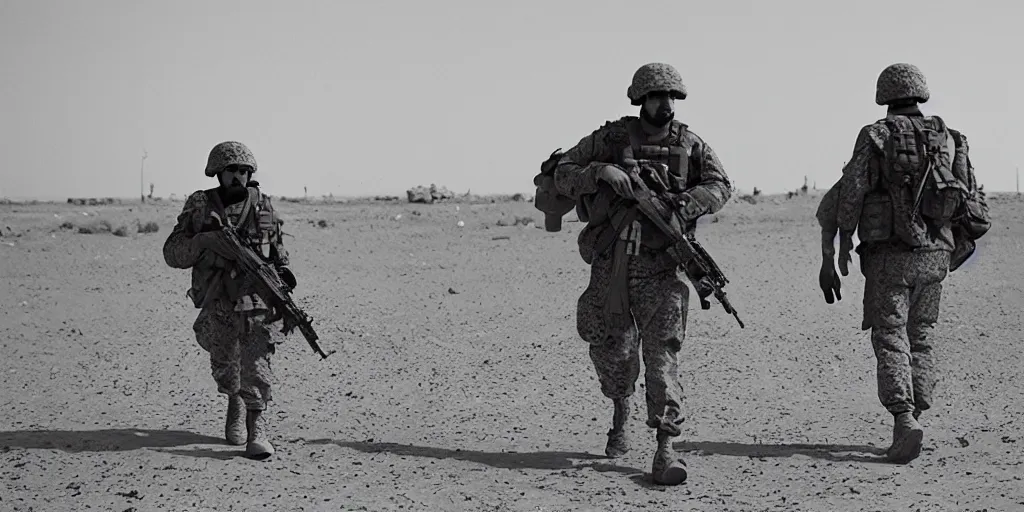 Prompt: an anamorphic rooster walking the sands of iraq with his platoon. cinematic photograph. 35mm.