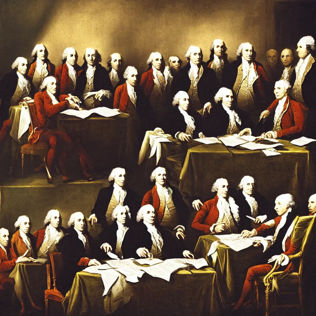 Image similar to the founding fathers as cats signing the declaration of independence, by john trumball