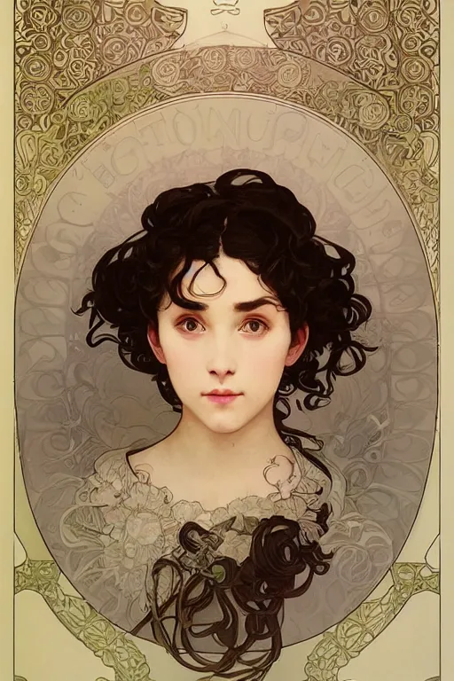 Image similar to beautiful cottagecore of a girl with short black curly hair, round face, cute face. intricate, elegant. highly detailed, digital painting, artstation, concept art, smooth, sharp, focus, illustration. art by alphonse mucha