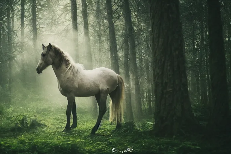 Prompt: beautiful horse in the forest evening natural light by Emmanuel Lubezki