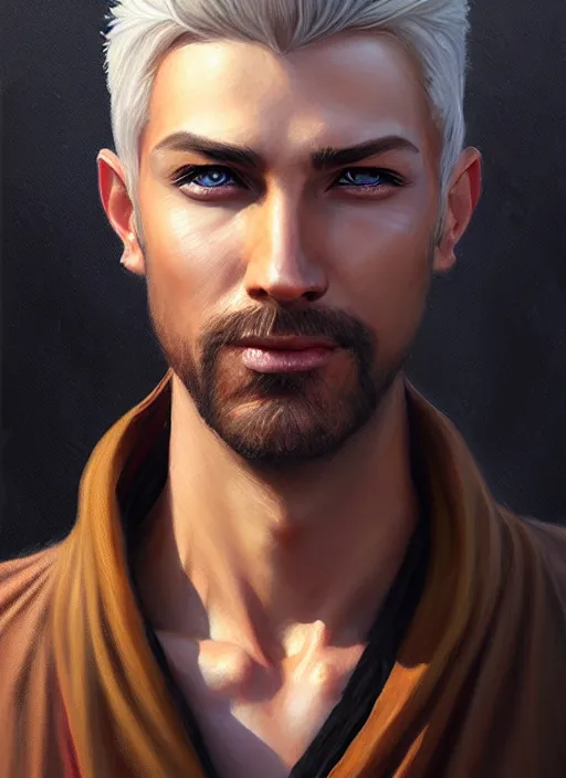 Image similar to a _ fantasy _ style _ portrait _ painting _ of wizard male, medium dark blonde pulled back side part and blonde stubble, brown eyes, rpg dnd oil _ painting _ unreal _ 5 _ daz. _ rpg _ portrait _ extremely _ detailed _ artgerm _ greg _ rutkowski _ greg