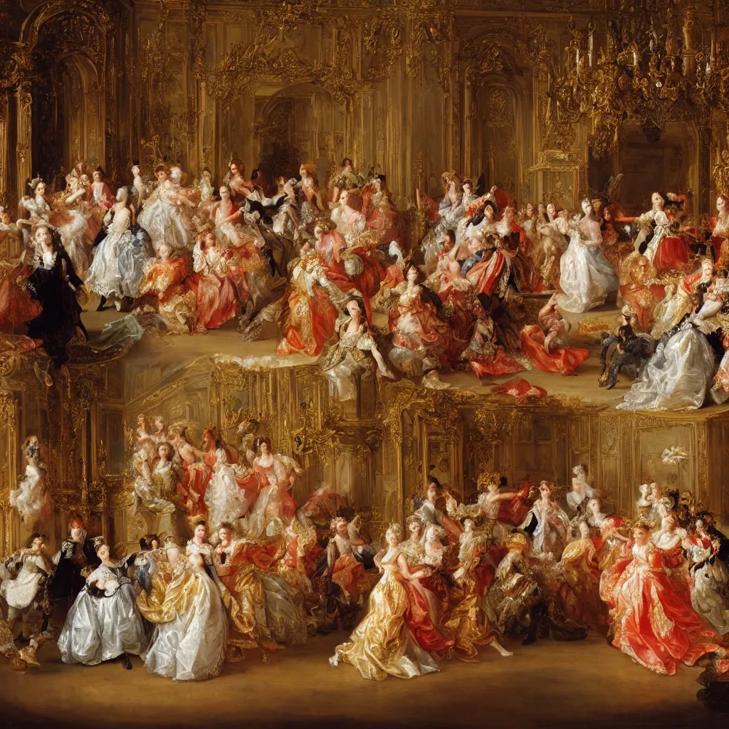 Image similar to the nobles danced in the splendid palace, palace dance, dress in the style of rococo, dreamy, romantic, night lighting, highly detailed, expressive impressionist style, 8 k