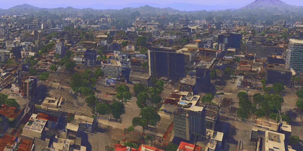 Image similar to guatemala city if it was a game like grand theft auto v with player view perspective, hud, with realistic visuals and award winning gameplay