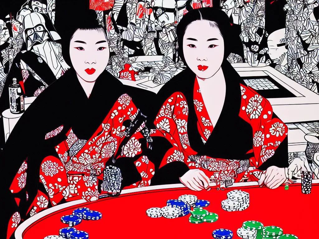 Image similar to hyperrealism composition of the detailed woman in a japanese kimono sitting at an extremely detailed poker table with darth vader, fireworks on the background, pop - art style, jacky tsai style, andy warhol style, acrylic on canvas