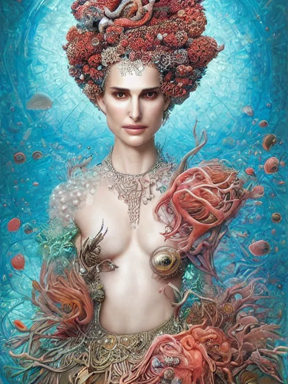 Image similar to a portrait render of Natalie Portman between fish and coral reef who has baroque dramatic headdress with intricate fractals of shellfish and pearls,by tom bagshaw and Agnieszka Lorek and Visarute Angkatavanich and aaron horkey and peter gric,trending on pinterest,rococo,hyperreal,maximalist,glittering,feminine