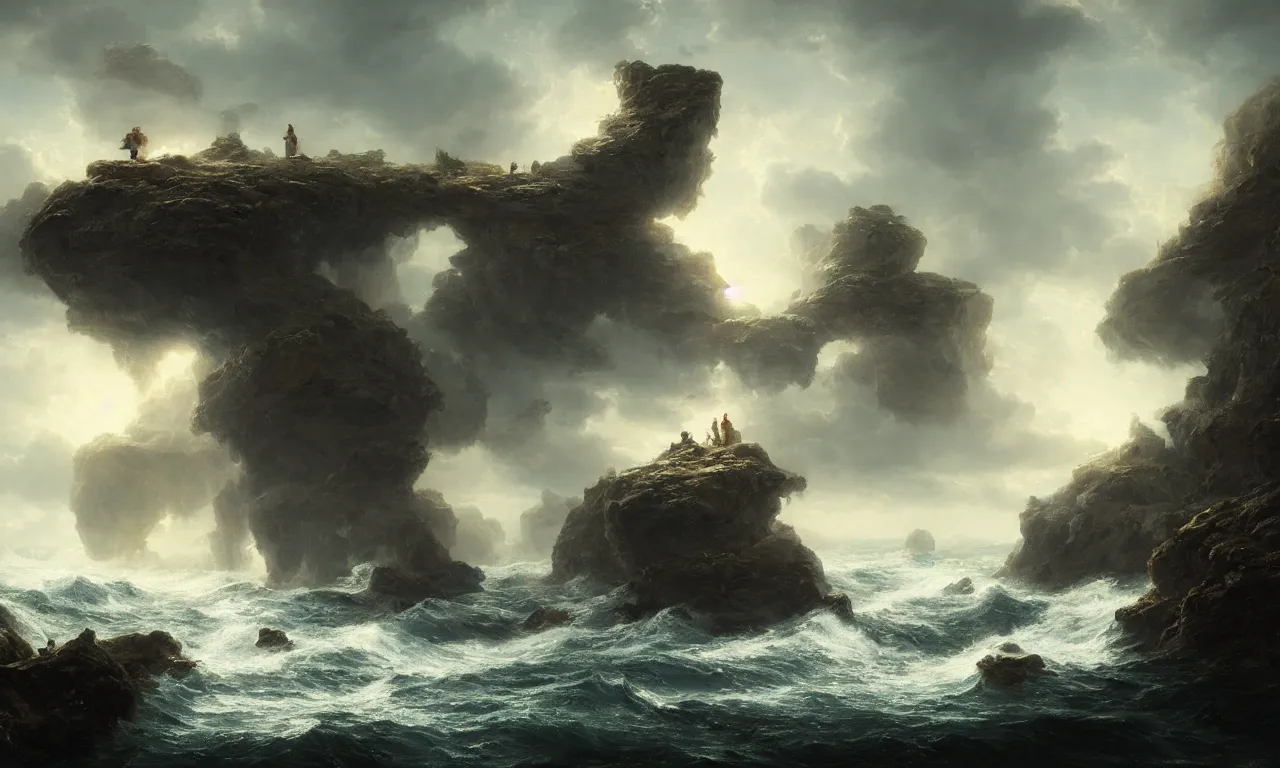 Image similar to crashing on the rocks of cursed island. andreas achenbach, artgerm, mikko lagerstedt, zack snyder, tokujin yoshioka