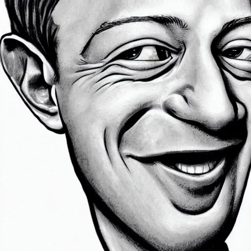 Image similar to a caricature portrait of Mark Zuckerberg drawn by Mort Drucker Mad Magazine