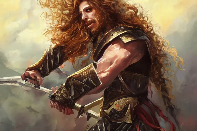 Image similar to a beautiful prince Lucius warrior with long curly blond hair brutally destroys his enemies on the battlefield, wrath flame and ruin, oil painting, trending on artstation