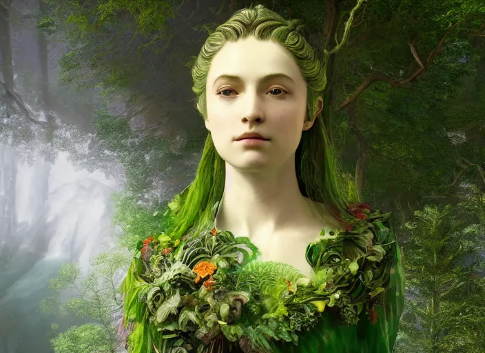 Image similar to a portrait of idealistic marble statue with fractal flowery hair and fair porcelain face and green eyes, in a magical forest, painted by, mc escher, gordon onslow ford, georgia o'keeffe and ivan aivazovsky, cinematic light, god rays, colourful, unreal engine, zbrush central,