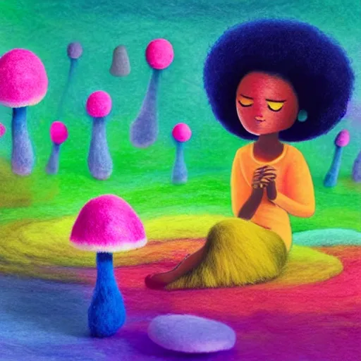 Prompt: a black girl with a colorful afro and big beautiful eyes meditating in a rainbow magic mushroom zen garden with her crystal ball, bokeh!!!, bright colors, synthwave, watercolor, volumetric wool felting, felt, macro photography, children illustration, by goro fujita
