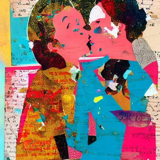 Prompt: two women kissing at a carnival, mixed media collage, retro, paper collage, magazine collage, acrylic paint splatters