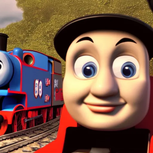 Image similar to Steve Buscemi's face on Thomas the Tank Engine, cinematic, 8k, Unreal Engine render