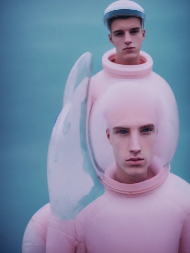 Image similar to high quality pastel coloured film portrait photograph of one beautiful young 2 0 year old male, soft features, short hair, wearing perspex space suit and oversized inflated clothing!! icelandic black rock pool environment. atmospheric three point light. photographic. art directed. ( pastel colours ). volumetric. clearcoat. waves. 8 k. filmic.