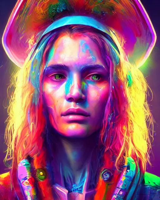 Image similar to colorful bust portrait of a hippie from the future, set in the future 2 1 5 0 | highly detailed face | very intricate | symmetrical | professional model | cinematic lighting | award - winning | painted by mandy jurgens | pan futurism, dystopian, bold colors, cyberpunk, groovy vibe, anime aesthestic | featured on artstation