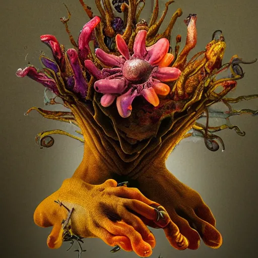 Prompt: disgusting disturbing colorful strange dutch golden age bizarre mutant flower floral still life with many human toes realistic human toes blossoming everywhere insects very detailed fungus tumor disturbing tendrils bizarre slimy forms sprouting up everywhere by rachel ruysch christian rex van minnen black background chiaroscuro dramatic lighting perfect composition masterpiece high definition 8 k 1 0 8 0 p