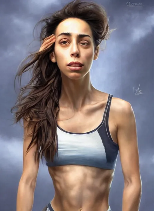 Prompt: full length photo of a suffering Oona Chaplin in a tanktop in the style of stefan kostic, not realistic, sharp focus, 8k high definition, insanely detailed, intricate, elegant, art by stanley lau and artgerm