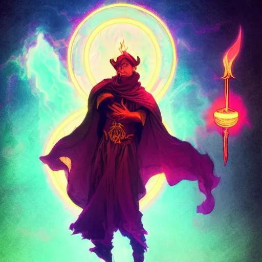 Image similar to a warlock is casting a magic spell while with magic orb floating in his hand , dynamic pose, chromatic aberration , medium level shot, Mucha style , Grim fantasy, illustration ,concept art, Mucha style,