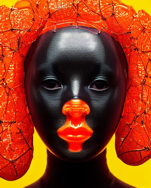 Prompt: symmetrical close - up portrait of a woman wearing a translucent silicone beauty mask and orange hair, wearing a black bodysuit by alexander mcqueen, standing in a garden full of plastic translucent flowers, black background, soft diffused light, biotechnology, humanoide robot, bjork aesthetic, translucent, by rineke dijkstra, intricate details, highly detailed, masterpiece,