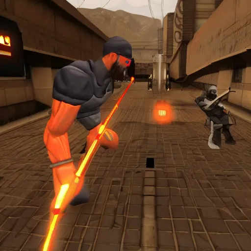 Prompt: video game screenshot of gordon freeman confused in the video game ricochet