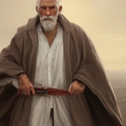 Image similar to portrait of an old man with long gray beard and a blind eye with a scar and him wearing a white cape with a hood on, Matte painting , detailed painting, made by Greg Rutkowski, 4k, atmospheric