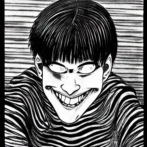 Prompt: drawing of a smiling man by junji ito,