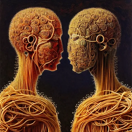 Image similar to siamese twins made of spaghetti, intricate armor made of spaghetti fractals, ancient warrior, samurai style, by giuseppe arcimboldo and ambrosius benson, renaissance, intricate and intense oil paint, a touch of beksinski, realistic