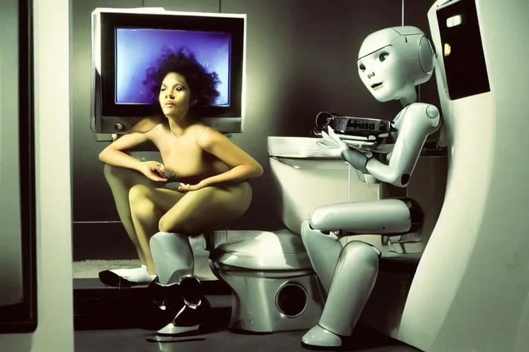 Image similar to beautiful woman robot sitting on a galaxy toilet, from 1985, bathed in the glow of a crt television, crt screens in background, low-light photograph, in style of Tyler Mitchell