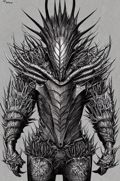 Image similar to thistle humanoid heavily armoured, symmetrical, highly detailed, digital art, needles, thorns, goat horns, sharp focus, trending on art station, kentaro miura manga art style