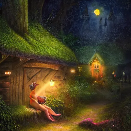 Image similar to realist painting, high detail, woodland village, in the night, fantasy, crescent moon, luminous, toadstools, fireflies, fantasy, mist, highly detailed painting, fine lines, light rays, attractive woman fairy, 8 k realistic, sharp focus