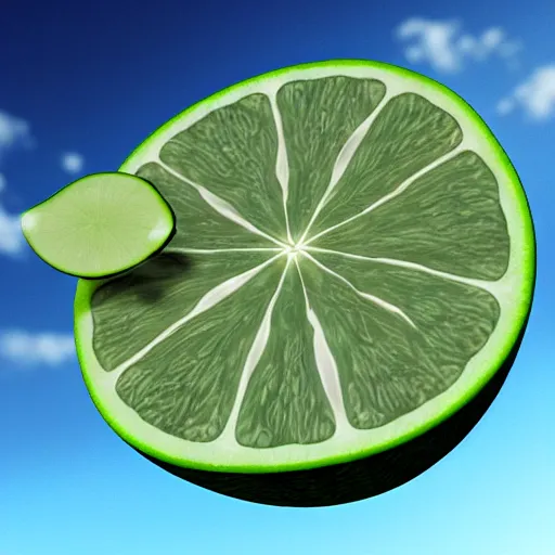 Prompt: 2 0 0 0 render of a sliced lime falling in heaven, clouds, uncanny, sleepy