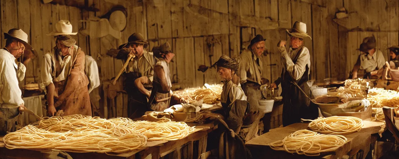 Image similar to wide shot harvesting spaghetti during the gold rush, no faces, intricate, sigma 5 0 mm, cinematic lighting, photography, wes anderson, film, kodachrome