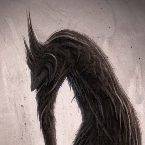 Prompt: tall bipedal creature in the darkness, long claws, large long pointy teeth, drooling, hunched over, hairless, dark cavern, no light, highly intricate, detailed, 8 k