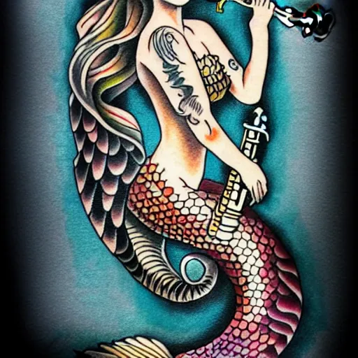 Image similar to american traditional tattoo art of a mermaid playing the saxophone, sheet paper