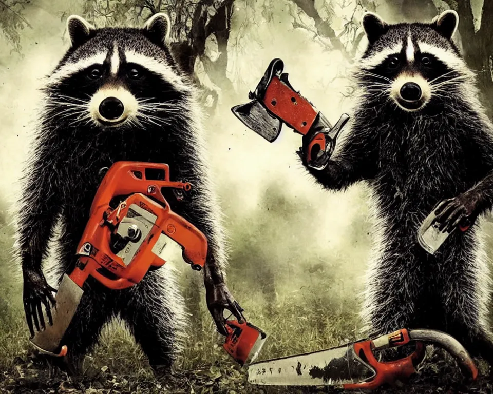 Prompt: a horror movie poster featuring a giant raccoon with a chainsaw