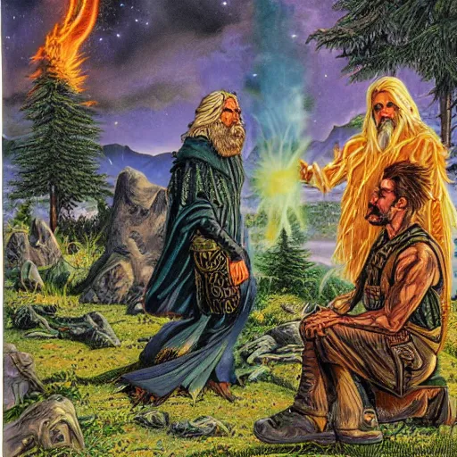 Image similar to 🧙🦅🛸🔥🌞🌲, Larry Elmore, Stephen Fabian