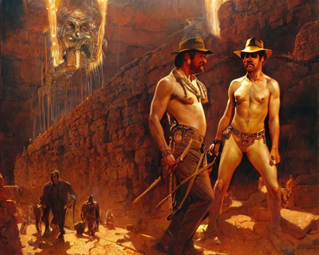 Image similar to indiana jones and the temple of doom, painting by gaston bussiere, craig mullins, j. c. leyendecker, tom of finland