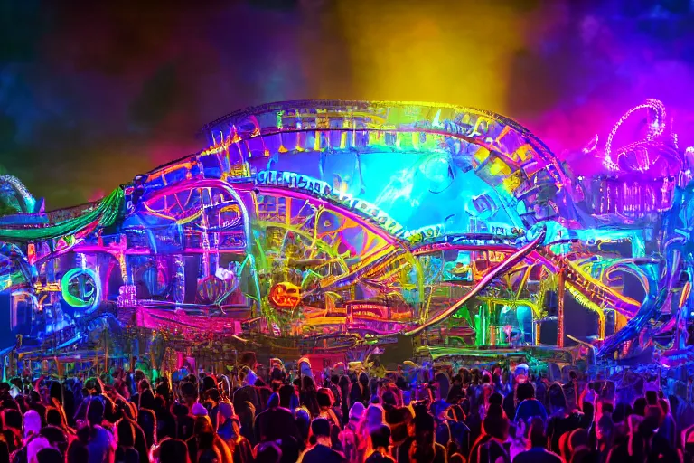 Image similar to an outdoor festival stage, big neon letters tripmachine, center of the stage is a big futuristic steampunk rollercoaster machine with a shiny steamtrain, rock musicians on the stage, laser show, 8 k, fluorescent colors, halluzinogenic, multicolored, exaggerated detailed, unreal engine